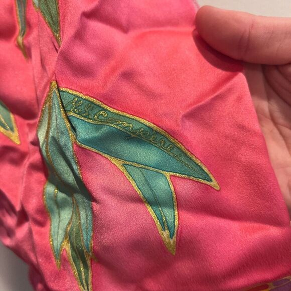 M.S. Compere Womens Pink Rectangle Scarf Small Silk Floral Day Butterfly Center - Picture 4 of 8